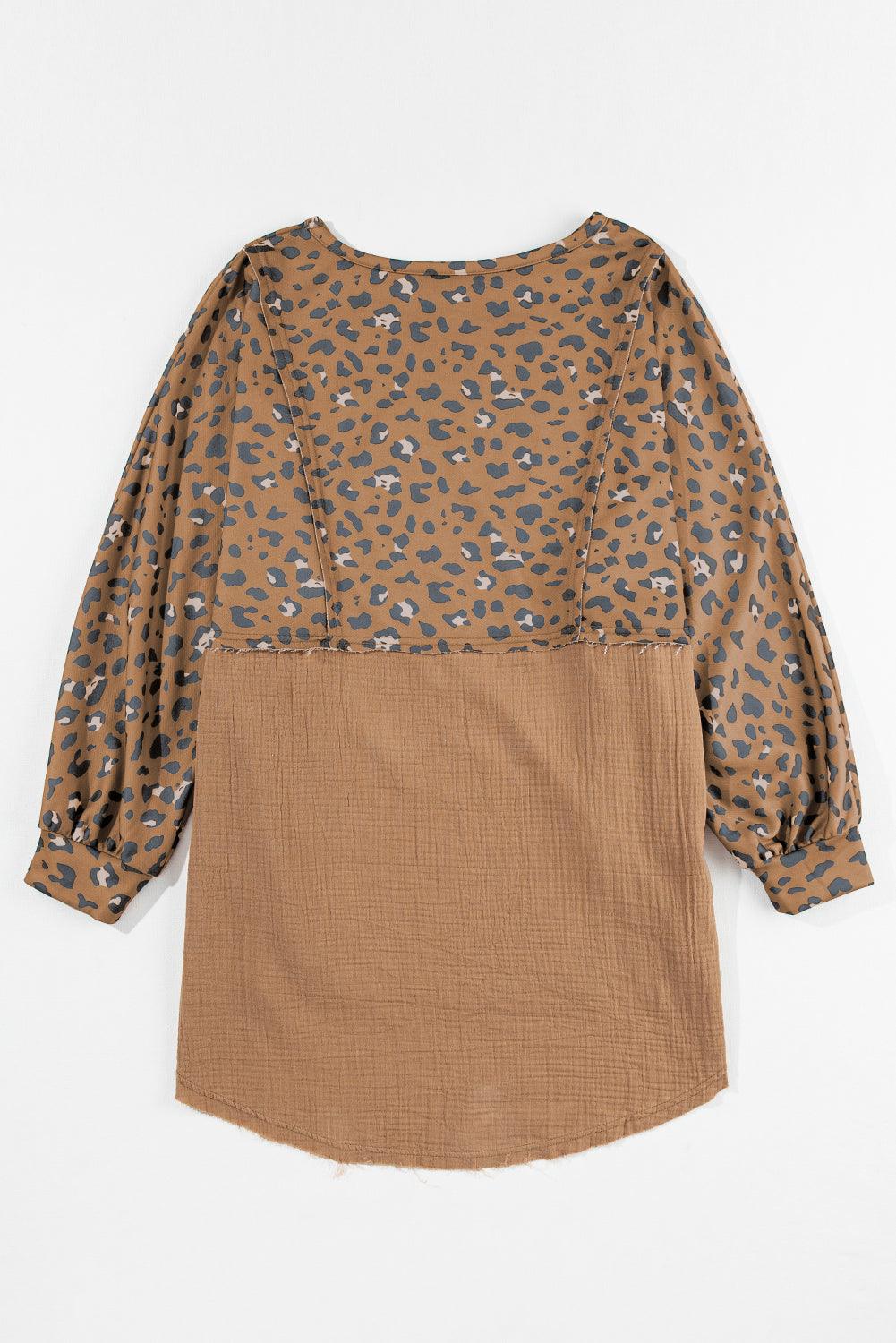 Brown Printed Raw Edge Leopard Patchwork Oversized Blouse