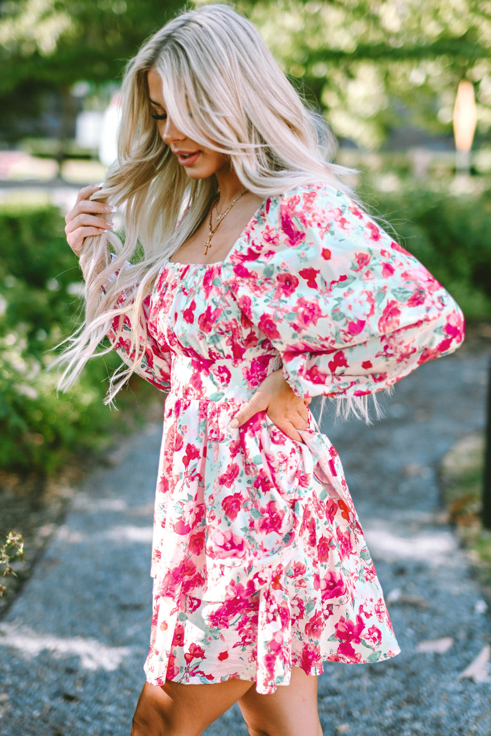 Pink Ruffle Tiered High Waist Puff Sleeve Floral Dress