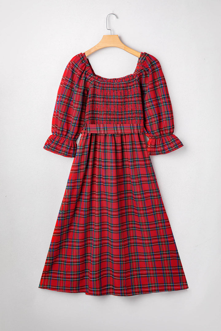 Red Tartan Plaid Square Neck Puff Sleeve Knot Waist Flared Midi Dress