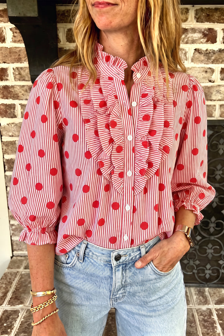 Black white Polka Dot Striped Print Ruffle Stand Neck 3/4 Sleeve Shift Shirt