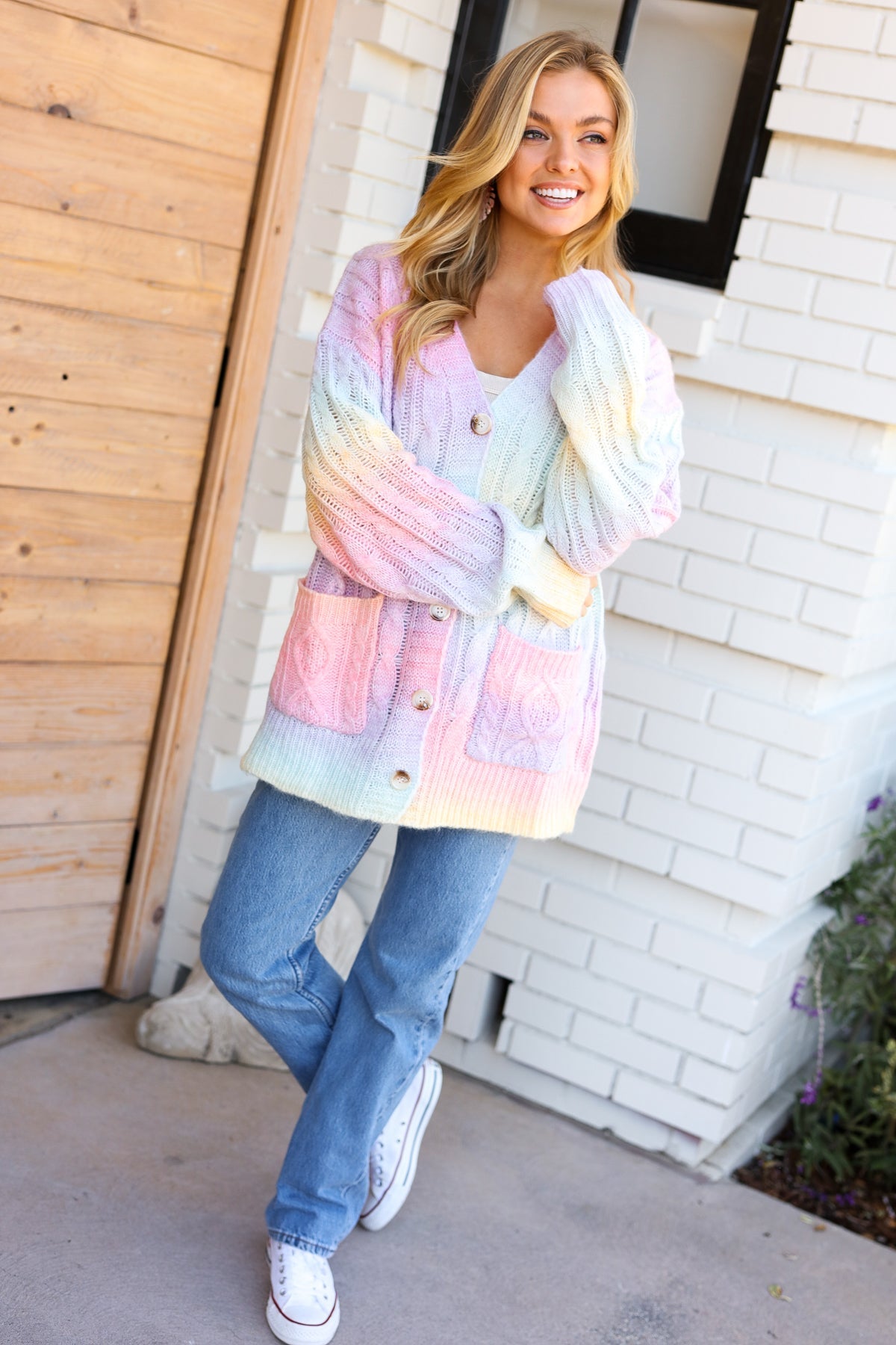 Face The Day Rainbow Ombre Cable Knit Cardigan - Sybaritic Bags & Clothing
