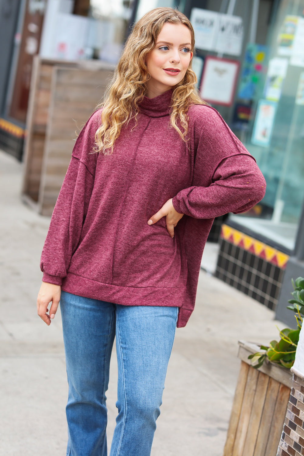The Latest Edition Burgundy Brushed Mélange Mock Neck Sweater - Sybaritic Bags & Clothing
