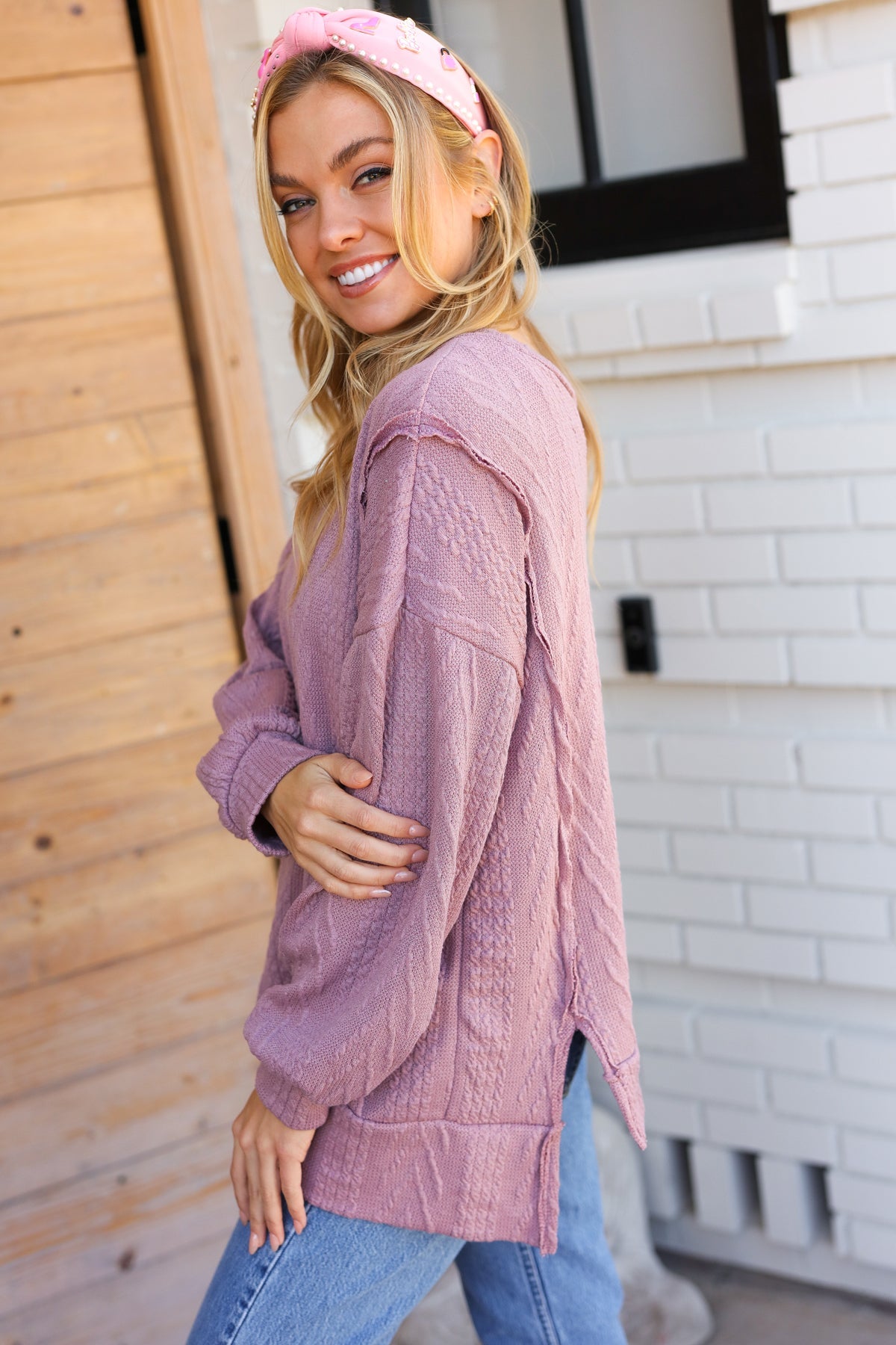 Back To Basics Mauve Jacquard Cable Pullover Top - Sybaritic Bags & Clothing