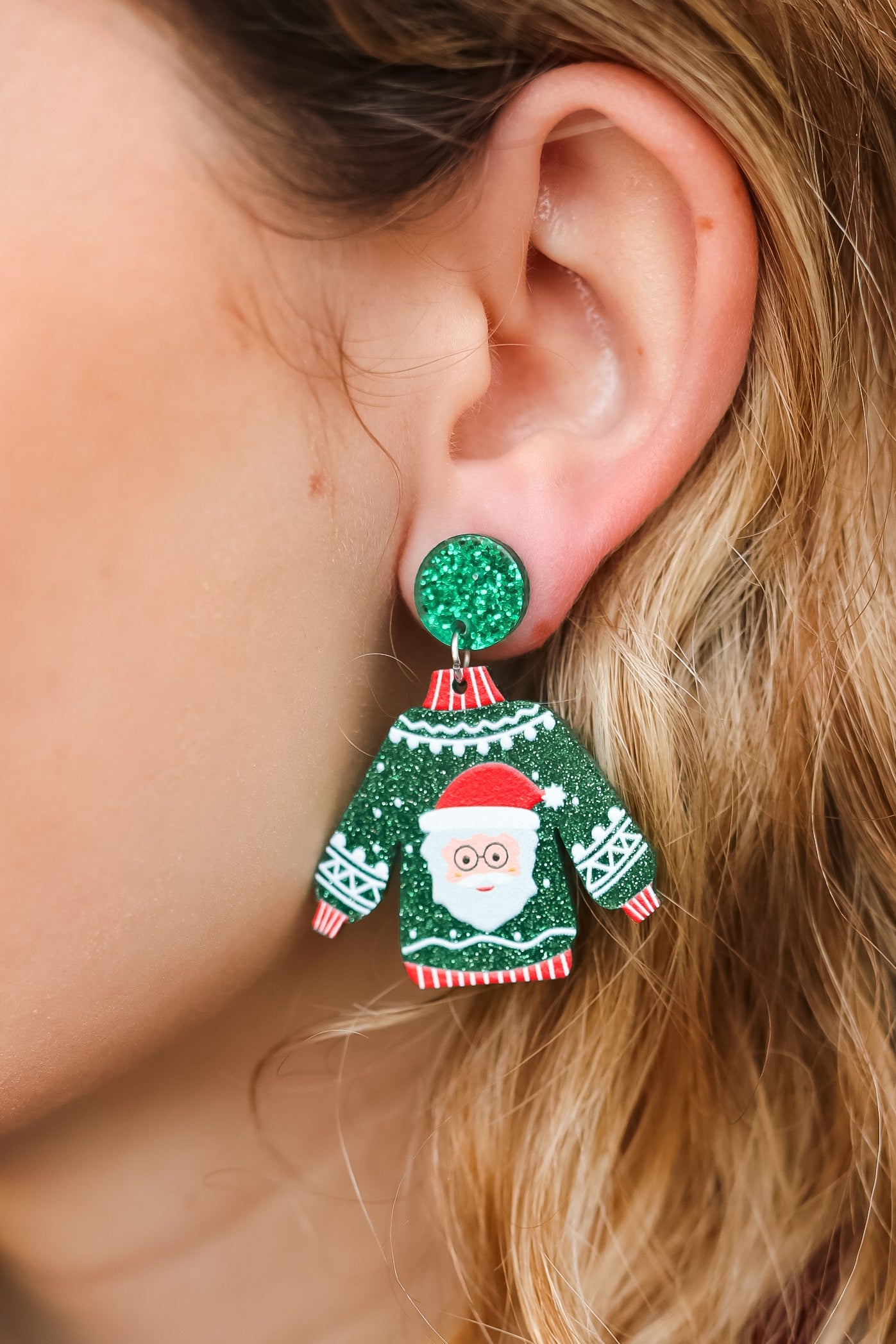 Green Acrylic Santa Dangle Earrings - Sybaritic Bags & Clothing