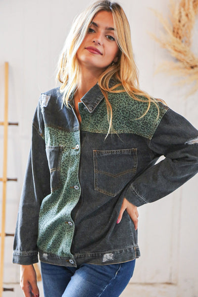 Green Leopard Distressed Washed Denim Jacket - Sybaritic Bags & Clothing