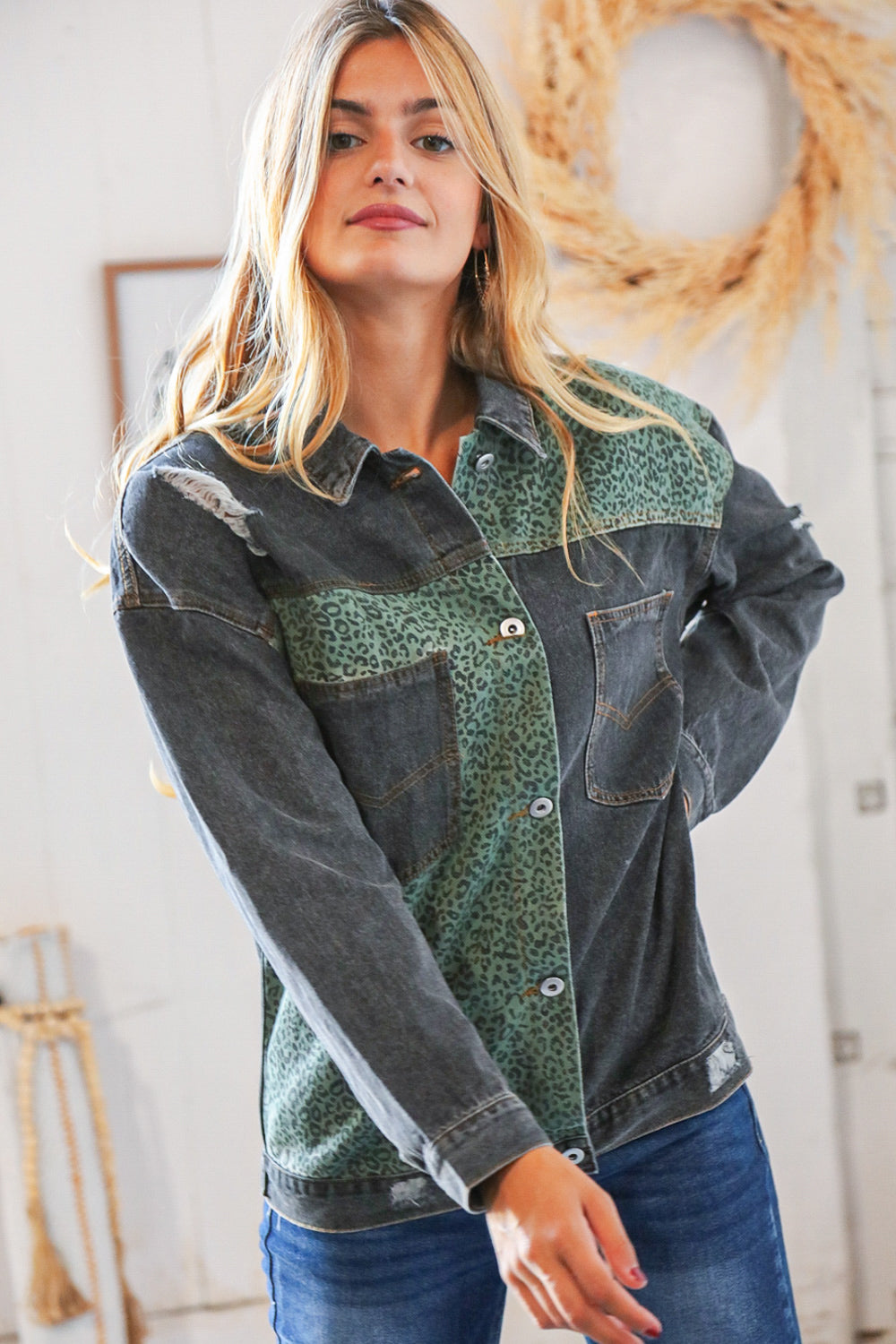 Green Leopard Distressed Washed Denim Jacket - Sybaritic Bags & Clothing