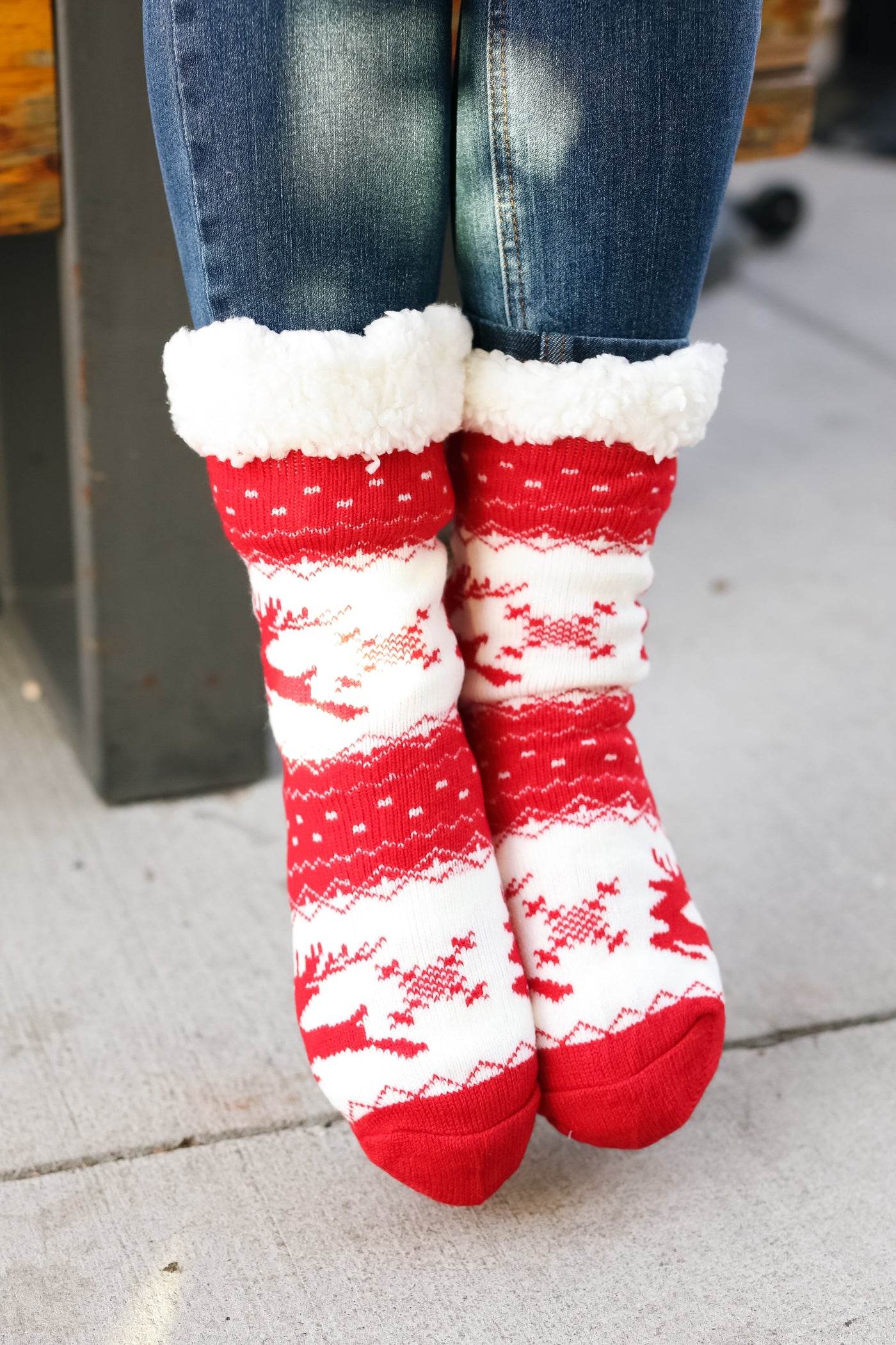 Red Holiday Reindeer Sherpa Traction Bottom Slipper Socks - Sybaritic Bags & Clothing
