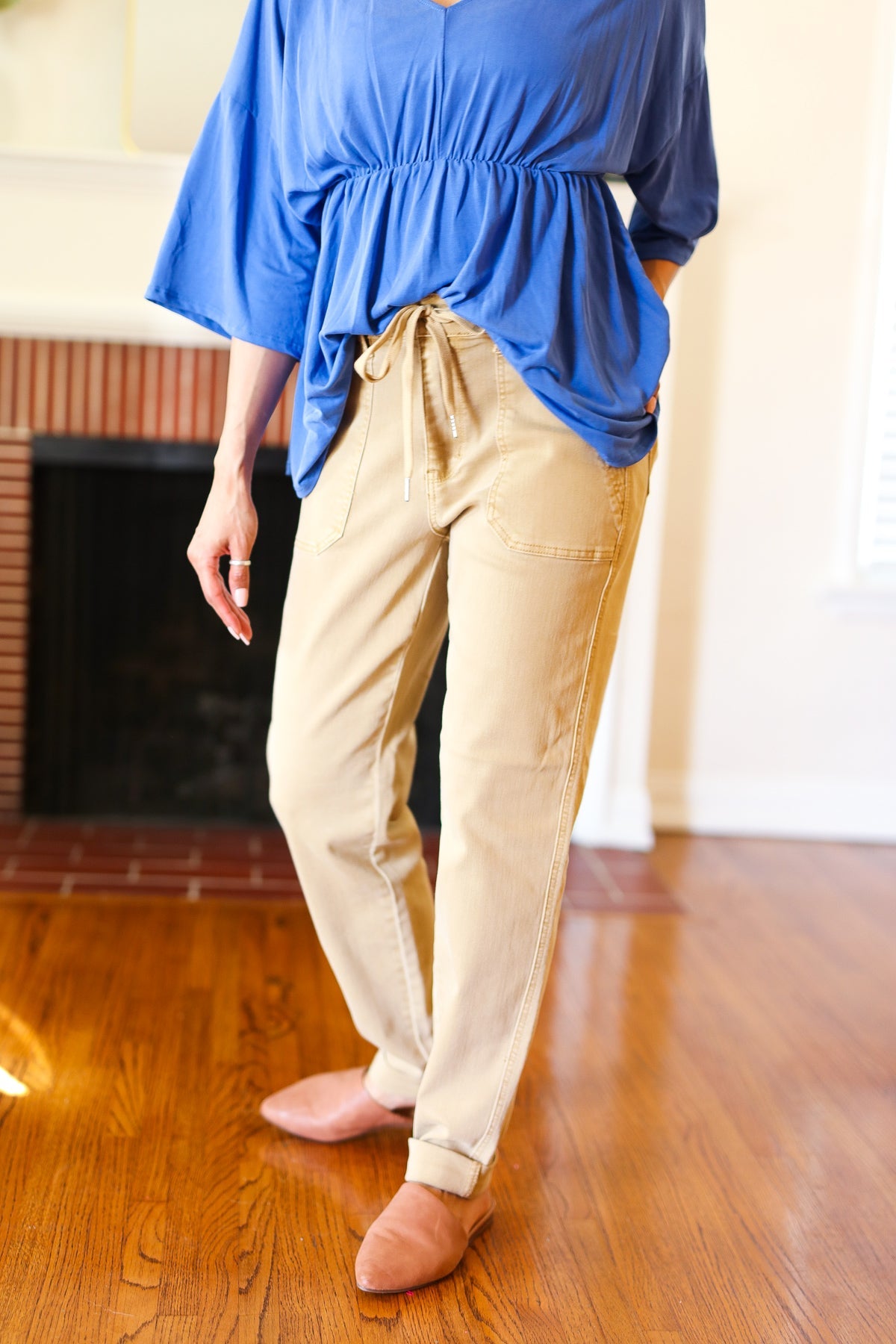 Judy Blue Feeling Femm' Khaki Garment Dyed Drawstring Jogger Jeans - Sybaritic Bags & Clothing