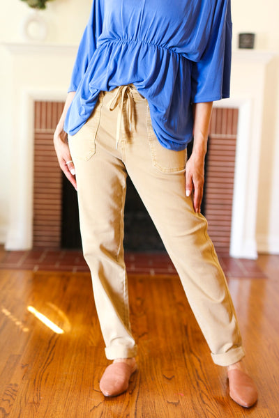Judy Blue Feeling Femm' Khaki Garment Dyed Drawstring Jogger Jeans - Sybaritic Bags & Clothing