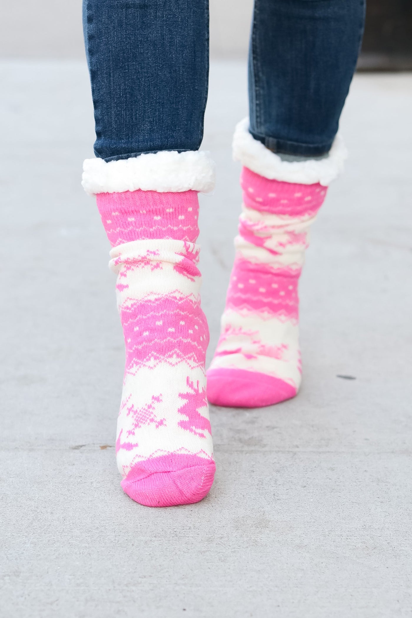 Hot Pink Reindeer Sherpa Traction Bottom Slipper Socks - Sybaritic Bags & Clothing