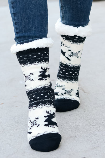 Black Reindeer Sherpa Traction Bottom Slipper Socks - Sybaritic Bags & Clothing