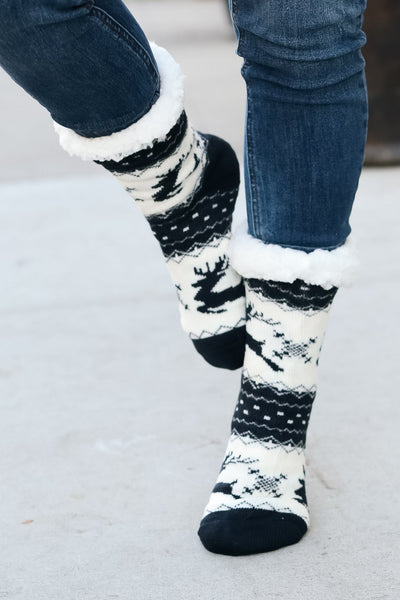 Black Reindeer Sherpa Traction Bottom Slipper Socks - Sybaritic Bags & Clothing
