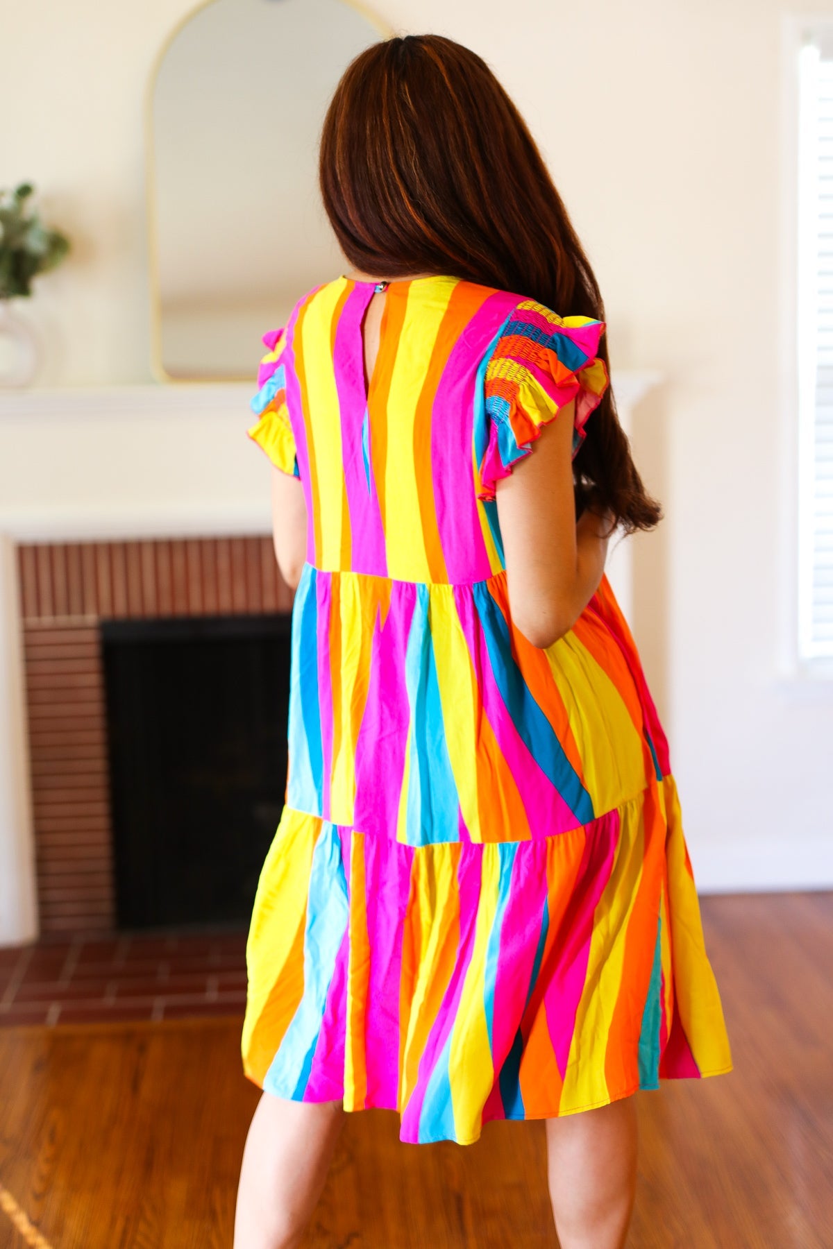 Eyes On You Multicolor Abstract Print Smocked Ruffle Sleeve Dress