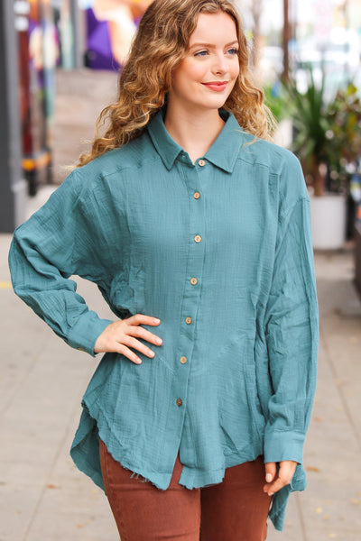 Feeling Bold Teal Button Down Sharkbite Cotton Tunic Top - Sybaritic Bags & Clothing