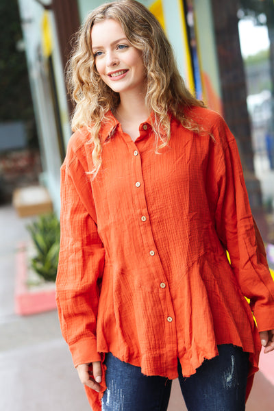 Feeling Bold Rust Button Down Sharkbite Cotton Tunic Top - Sybaritic Bags & Clothing