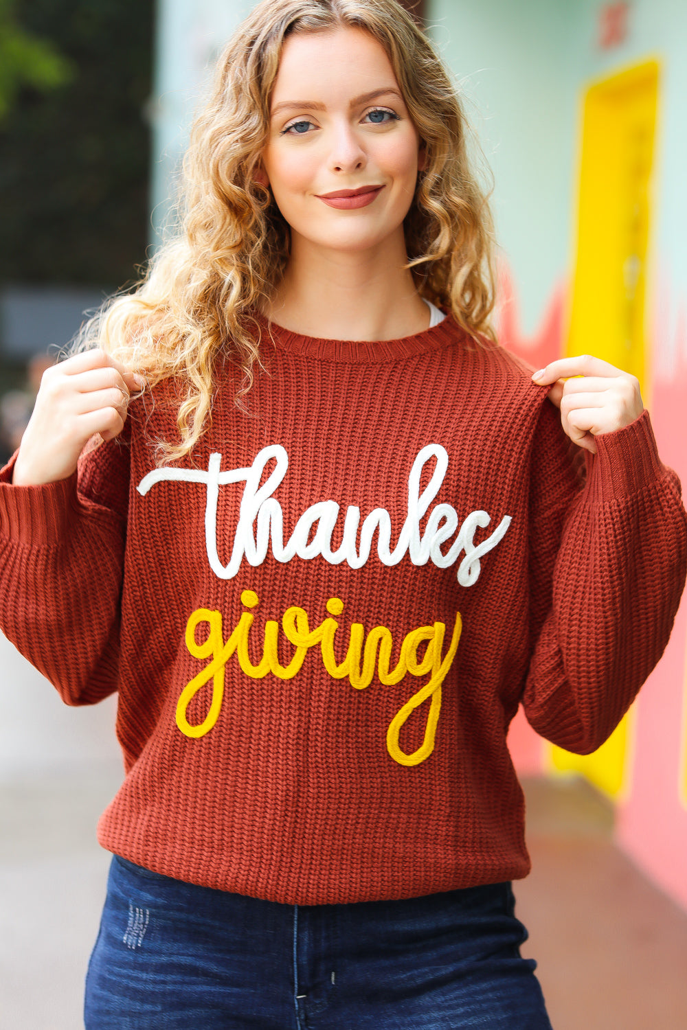 All I Want Thanksgiving Pop Up Embroidery Chunky Sweater - Sybaritic Bags & Clothing