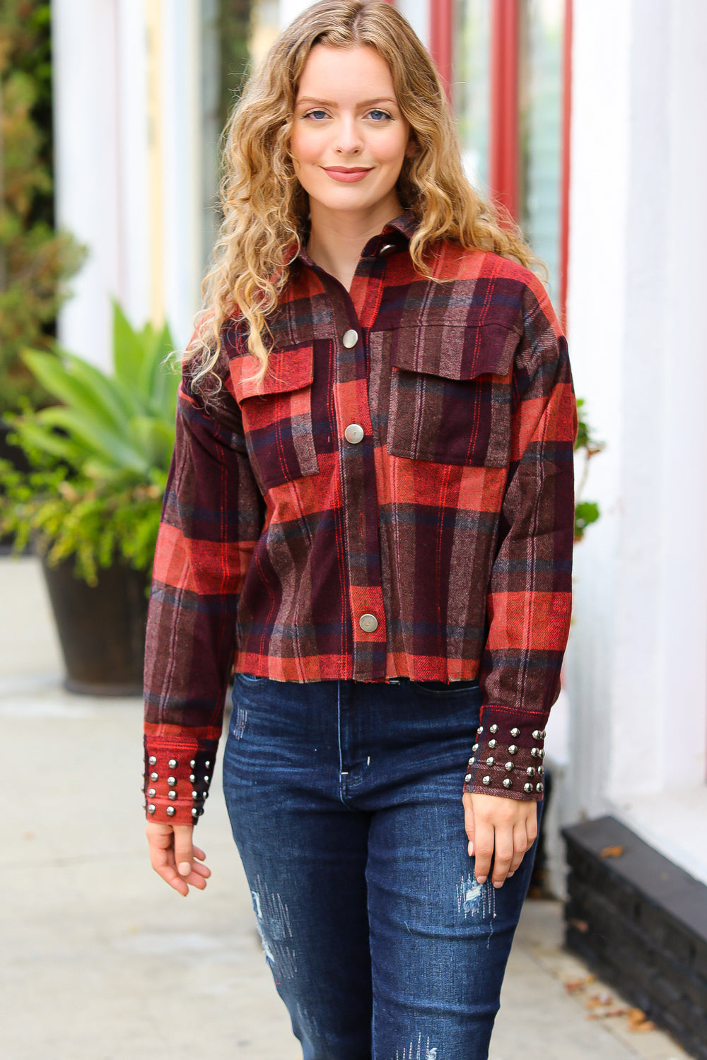 City Streets Burgundy & Rust Plaid Studded Cropped Jacket - Sybaritic Bags & Clothing