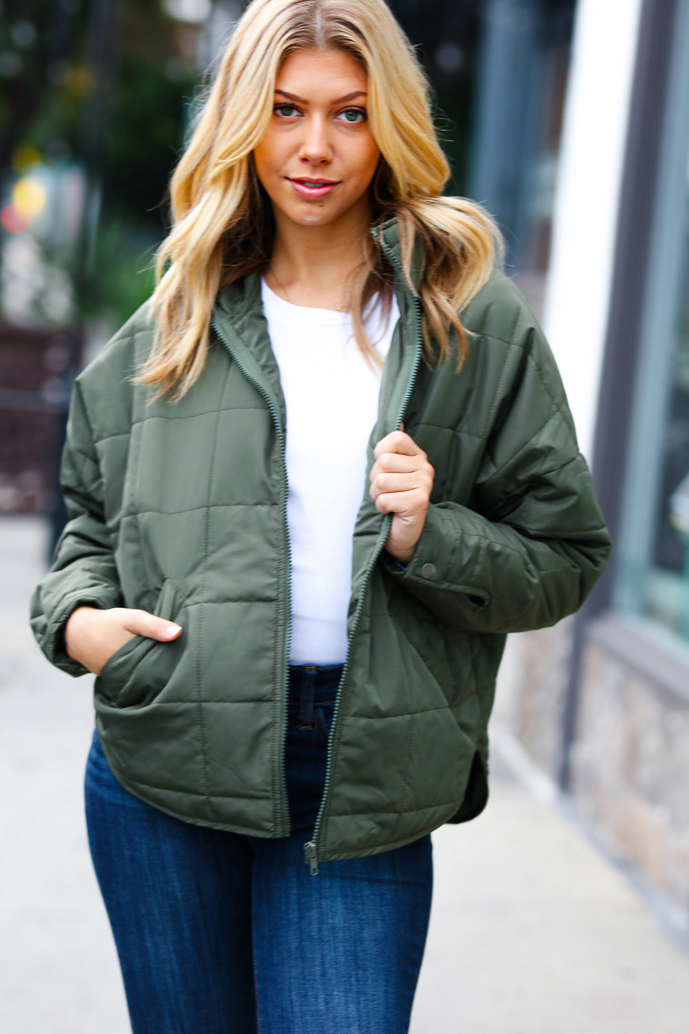 Eyes On You Olive Quilted Puffer Jacket - Sybaritic Bags & Clothing