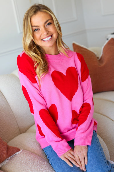 Cupid's Arrow Pink & Red Heart Jacquard Sweater - Sybaritic Bags & Clothing