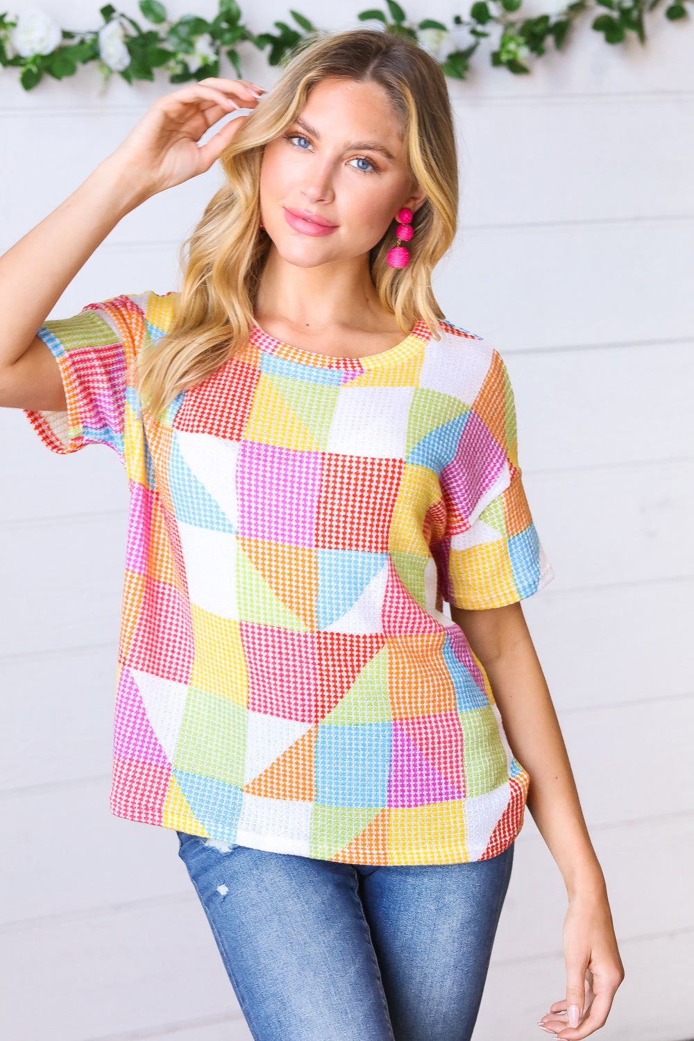 Multicolor Geometric Textured Knit Top - Sybaritic Bags & Clothing
