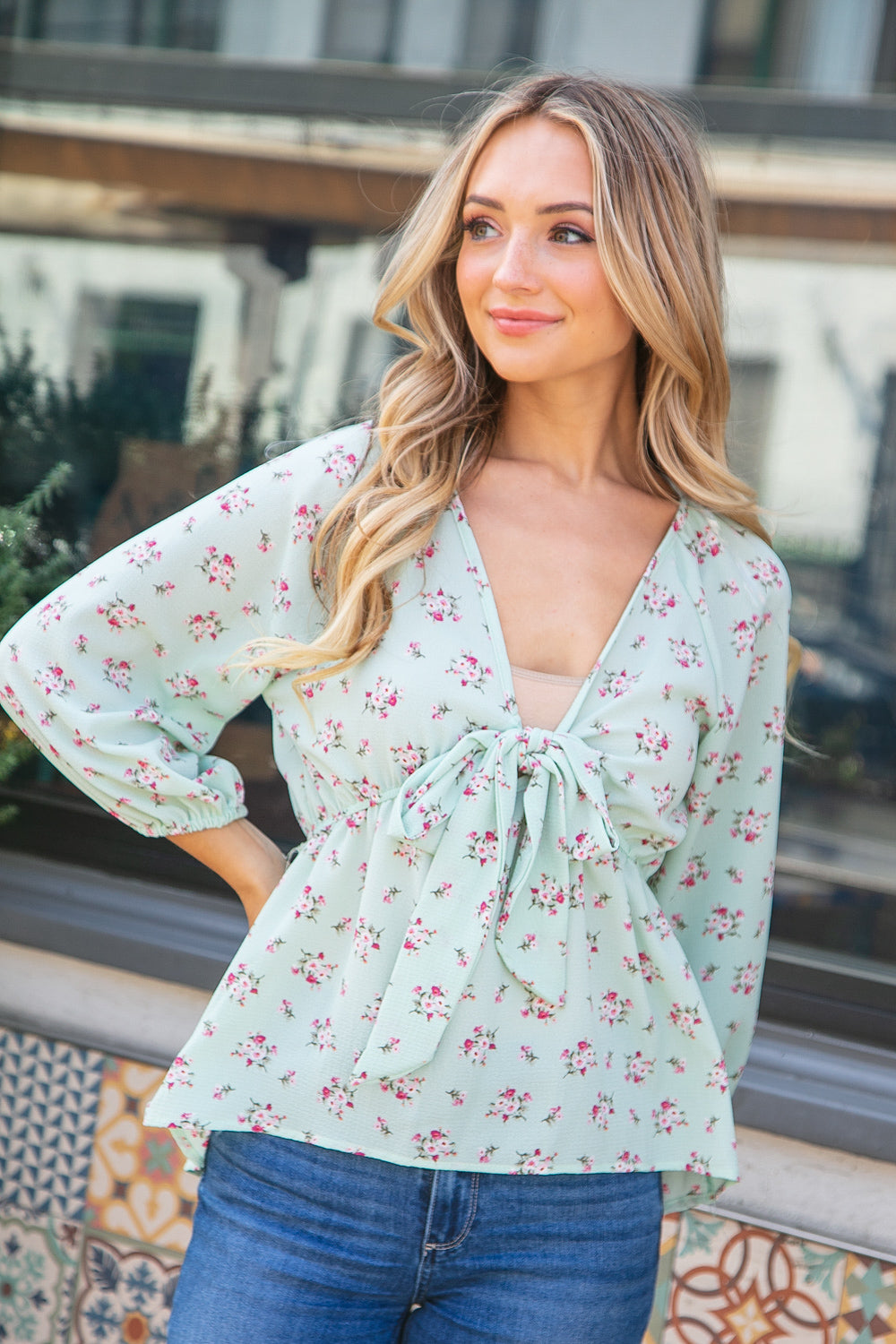 Mint Crepe Seersucker Floral Knotted Woven Blouse - Sybaritic Bags & Clothing
