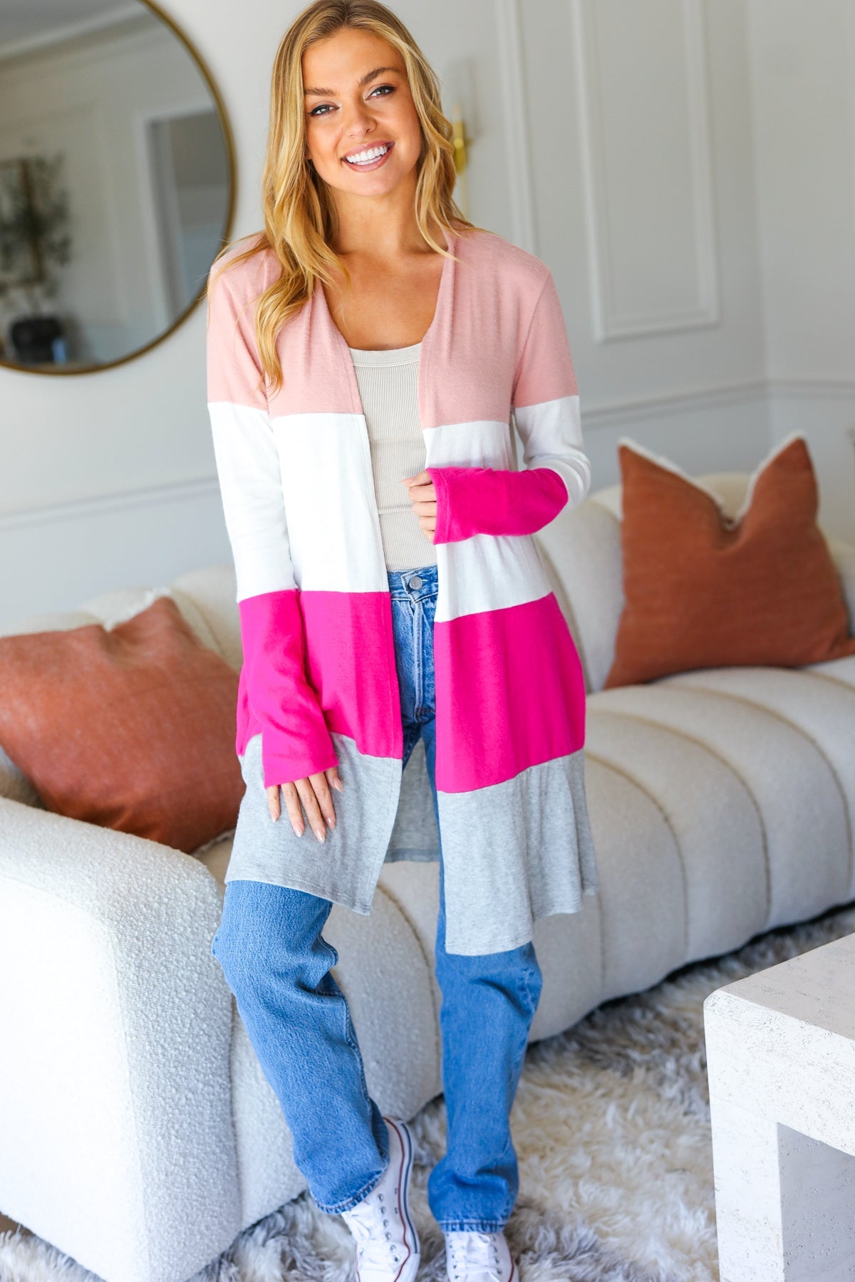 Face The Day Blush Wide Stripe Hacci Colorblock Cardigan - Sybaritic Bags & Clothing
