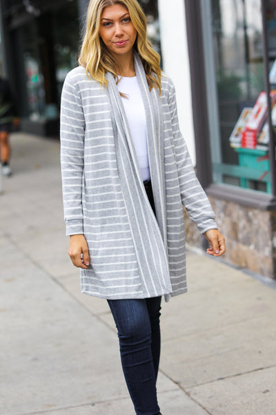 Taking It Easy Grey Striped Hacci Open Cardigan - Sybaritic Bags & Clothing