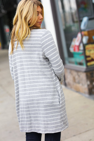 Taking It Easy Grey Striped Hacci Open Cardigan - Sybaritic Bags & Clothing