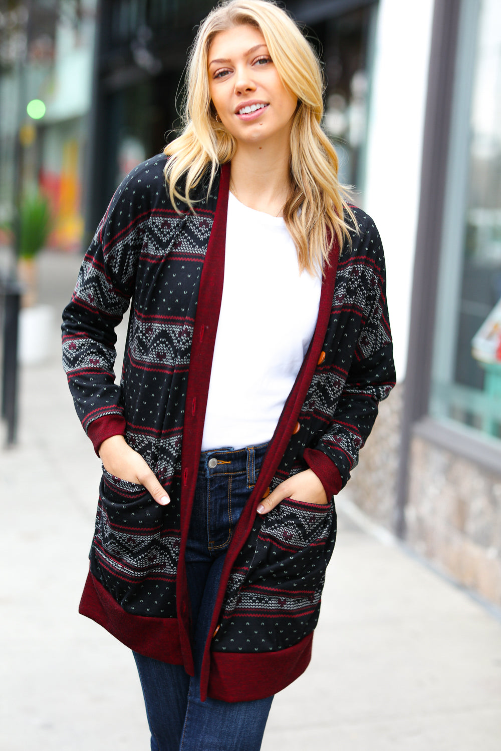 All Class Burgundy Holiday Print Button Cardigan - Sybaritic Bags & Clothing
