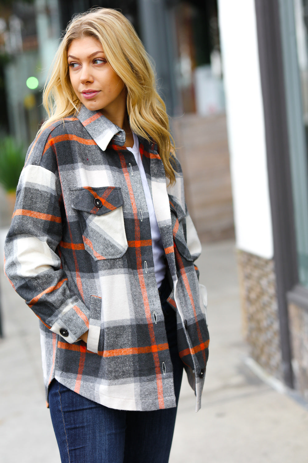 Charcoal & Rust Plaid Flannel Button Down Oversized Jacket - Sybaritic Bags & Clothing