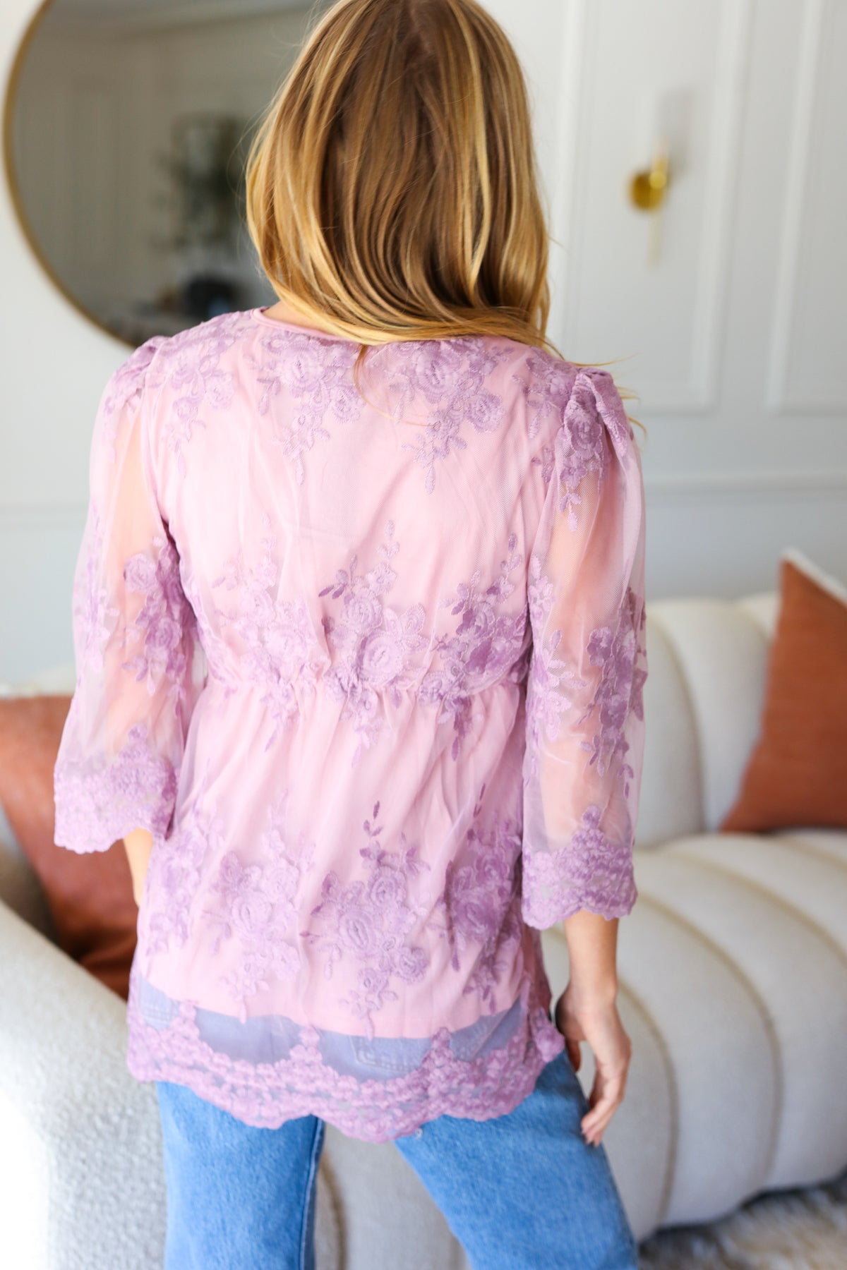 Crazy For You Mauve Lace Embroidered V Neck Top - Sybaritic Bags & Clothing