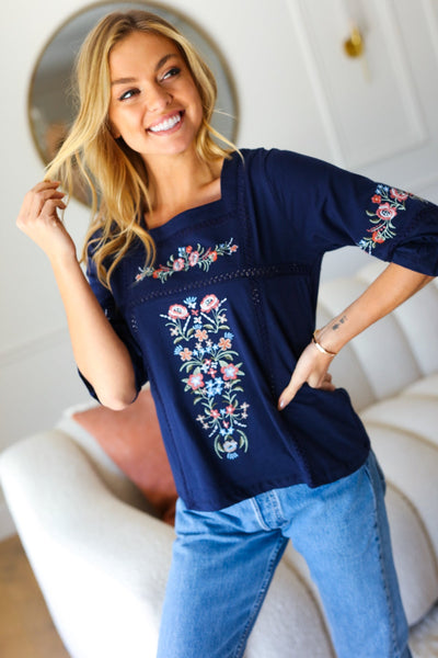Keep You Close Navy Floral Embroidery Square Neck Blouse - Sybaritic Bags & Clothing