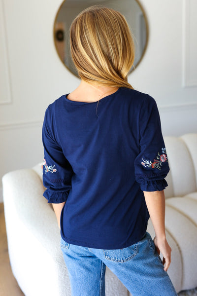 Keep You Close Navy Floral Embroidery Square Neck Blouse - Sybaritic Bags & Clothing