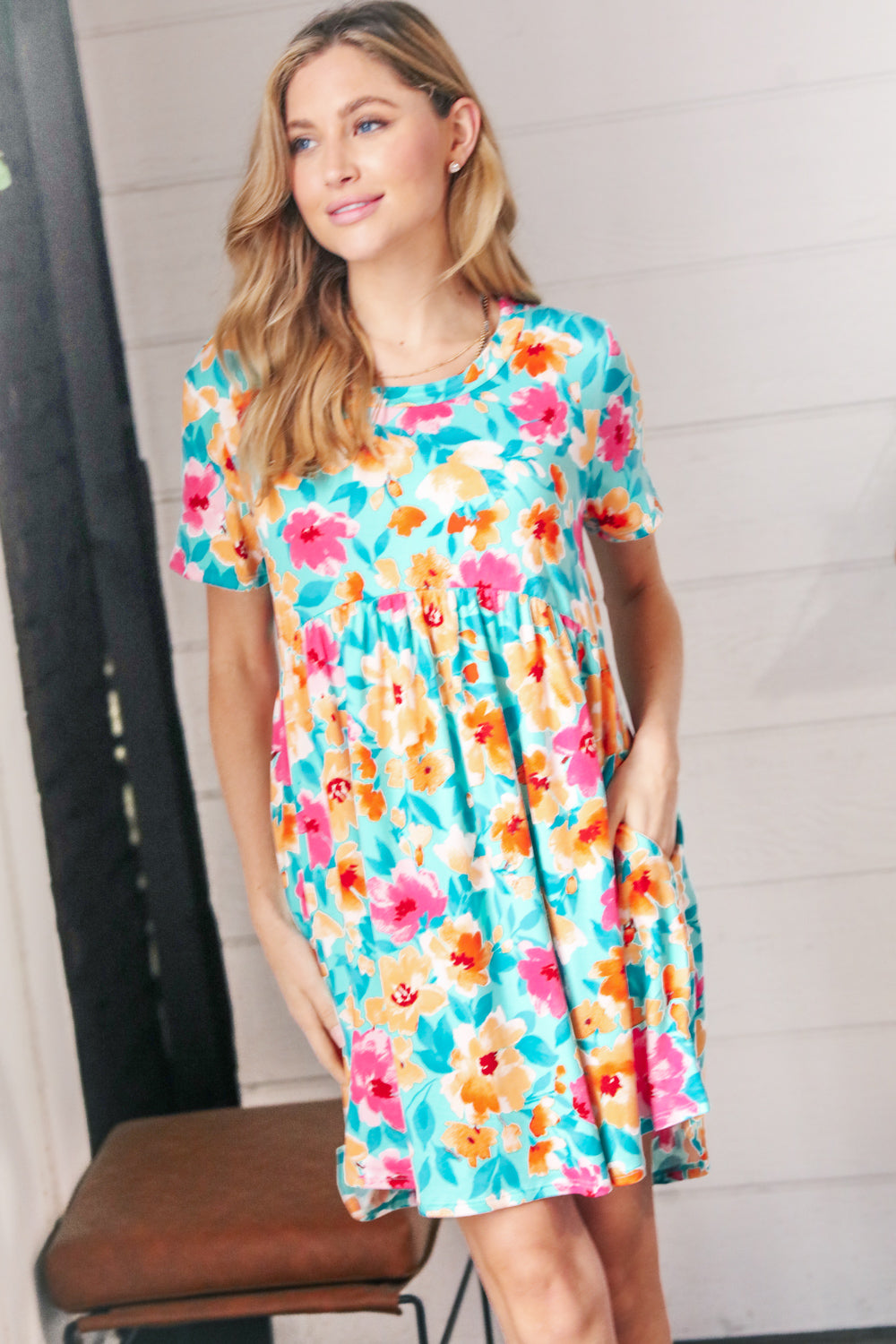 Teal & Magenta Floral Babydoll Fit and Flare Dress - Sybaritic Bags & Clothing