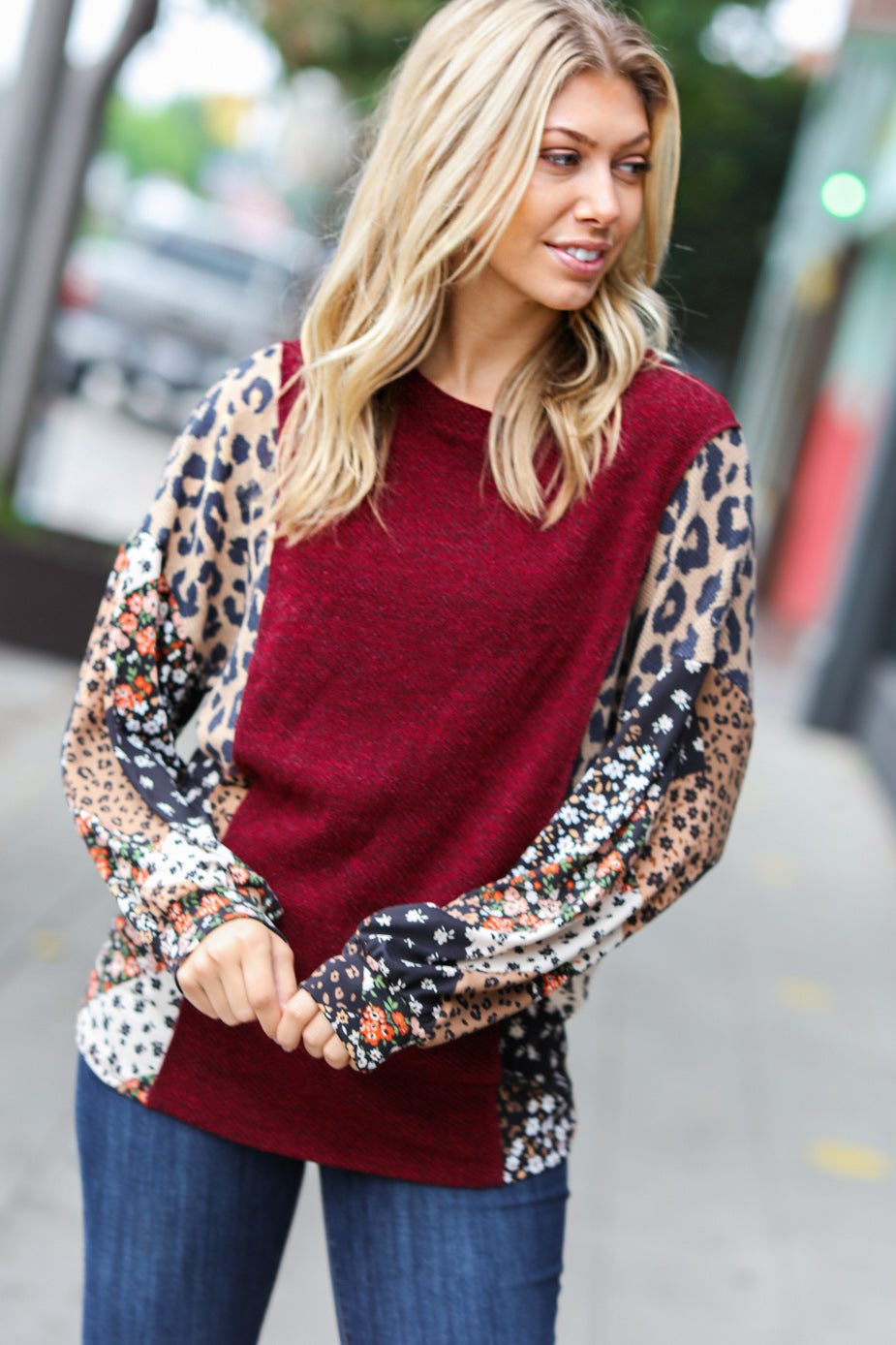 Feeling Bold Burgundy Two Tone Floral & Animal Print Top - Sybaritic Bags & Clothing