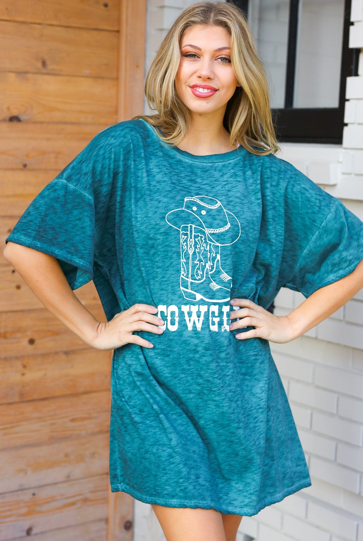 Emerald Cotton Blend COWGIRL Graphic Long Tee - Sybaritic Bags & Clothing