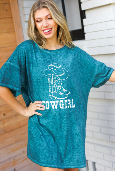 Emerald Cotton Blend COWGIRL Graphic Long Tee - Sybaritic Bags & Clothing