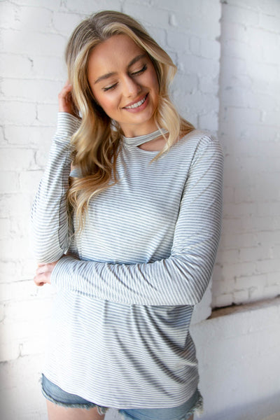 Grey Stripe Cold Shoulder Cut Out Knit Top - Sybaritic Bags & Clothing