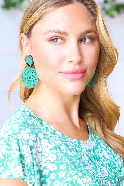 Teal Crochet Carved Disc Dangle Earrings - Sybaritic Bags & Clothing
