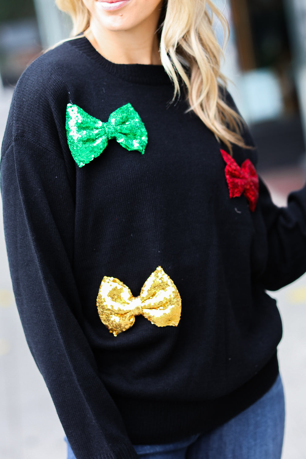 Be Merry Black Multicolor Sequin Bow Knit Sweater - Sybaritic Bags & Clothing