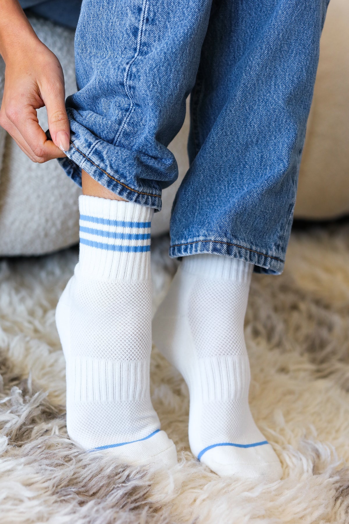 White & Blue Sporty Ankle Socks - Sybaritic Bags & Clothing