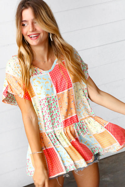 Coral & Peach Boho Patchwork Babydoll Woven Top - Sybaritic Bags & Clothing
