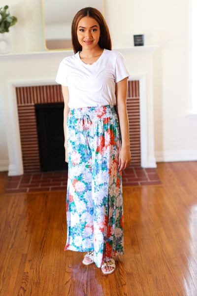 Vacay Vibes Green Floral Smocked Waist Side Slit Palazzo Pants - Sybaritic Bags & Clothing