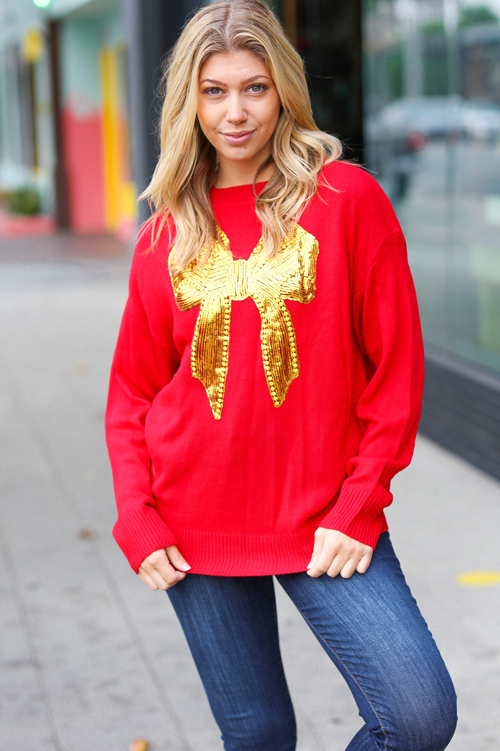 All I Want Red Sequin Bow Embroidery Knit Sweater - Sybaritic Bags & Clothing