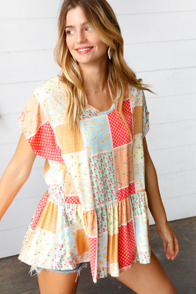 Coral & Peach Boho Patchwork Babydoll Woven Top - Sybaritic Bags & Clothing