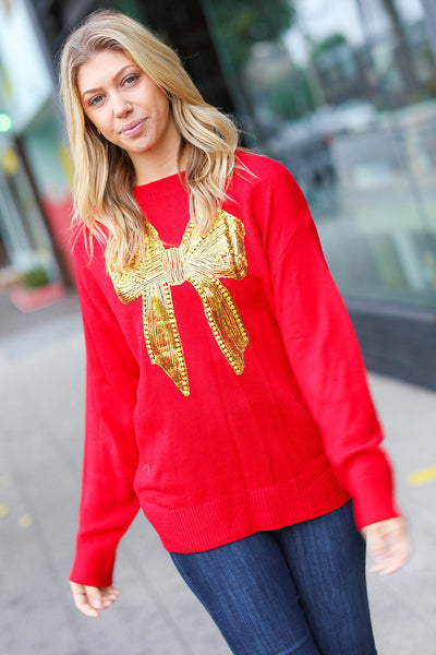 All I Want Red Sequin Bow Embroidery Knit Sweater - Sybaritic Bags & Clothing