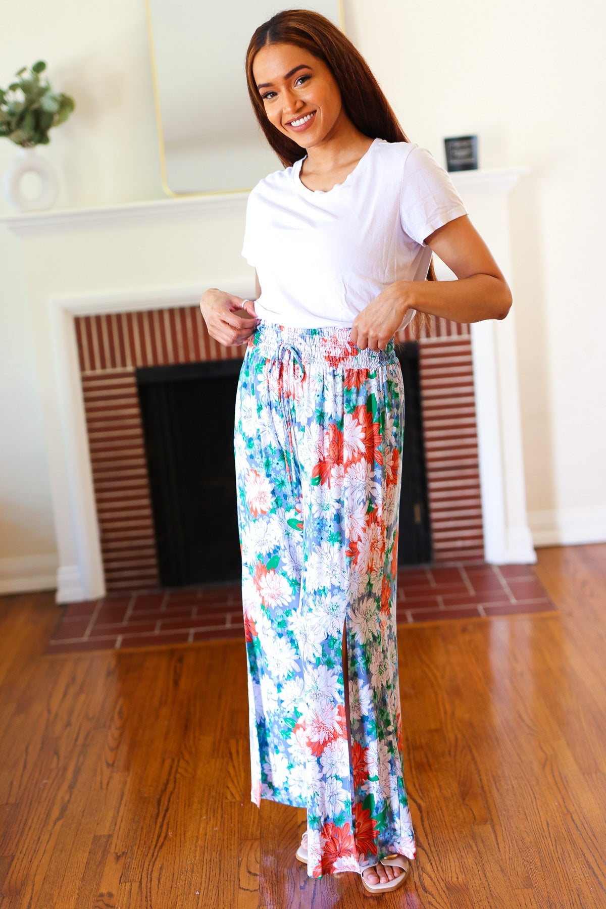 Vacay Vibes Green Floral Smocked Waist Side Slit Palazzo Pants - Sybaritic Bags & Clothing