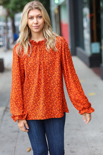Thinking Of You Rust Ditzy Floral Frill Neck Top - Sybaritic Bags & Clothing
