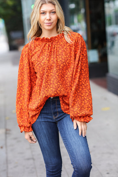 Thinking Of You Rust Ditzy Floral Frill Neck Top - Sybaritic Bags & Clothing