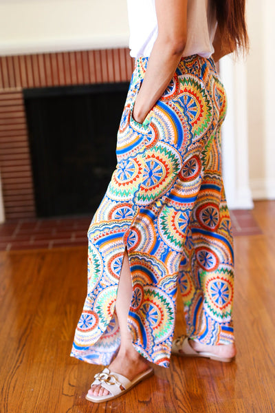 Multicolor Mandala Smocked Waist Side Slit Palazzo Pants - Sybaritic Bags & Clothing
